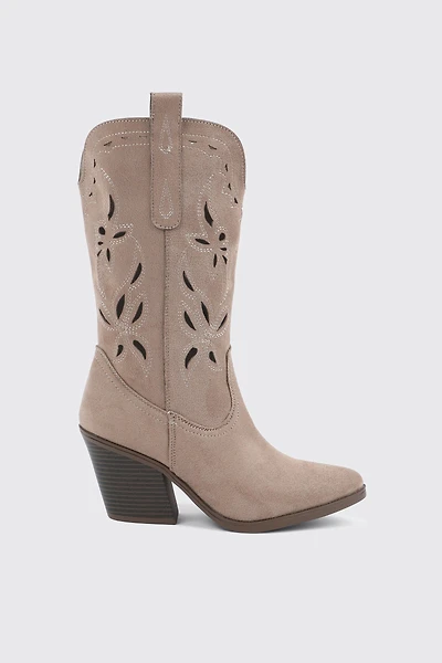 Ardene Floral Cutout Cowboy Boots in Beige | Size | Faux Leather/Faux Suede