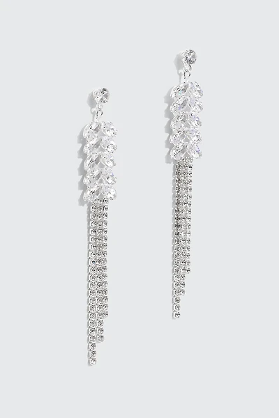 Ardene Rhinestone Tassel Drop Earrings in Silver | Stainless Steel