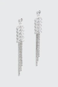 Ardene Rhinestone Tassel Drop Earrings in Silver | Stainless Steel