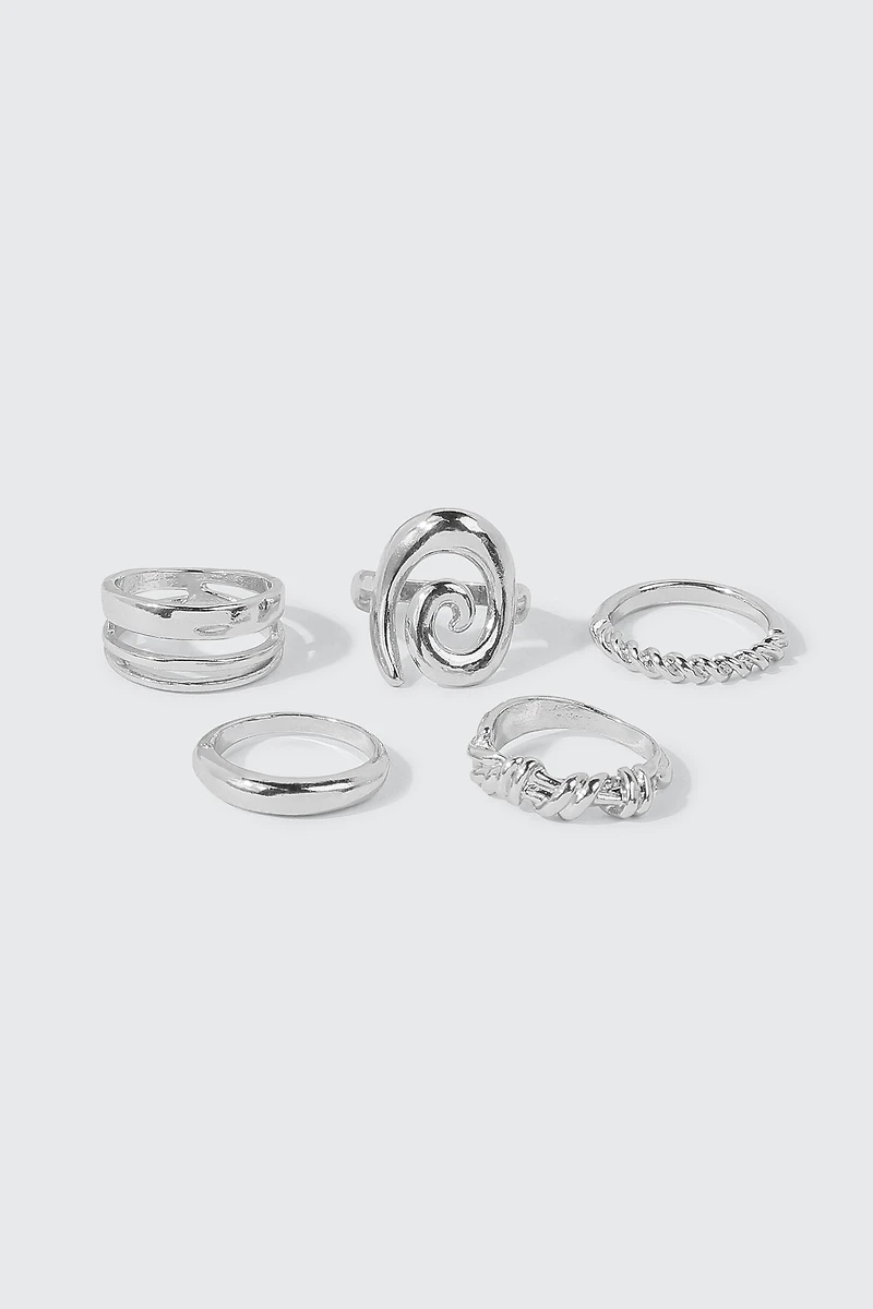Ardene 5-Pack Assorted Rings in Silver | Size Small