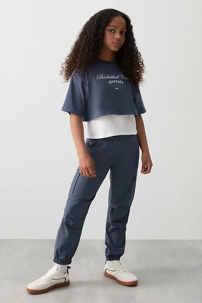 Ardene Kids Smooth Stretch Cargo Joggers in Dark Blue | Size | Polyester/Elastane