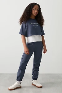 Ardene Kids Smooth Stretch Cargo Joggers in Dark Blue | Size | Polyester/Elastane