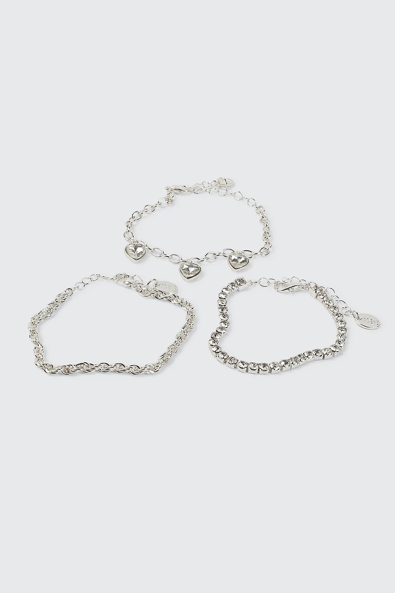 Ardene 3-Pack Bracelets with Heart Charms in Silver