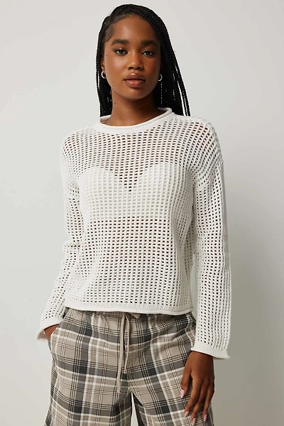 Ardene Open Stitch Crew Neck Sweater in White | Size Small | 100% Cotton