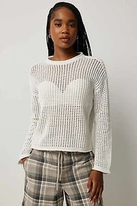 Ardene Open Stitch Crew Neck Sweater in White | Size Small | 100% Cotton