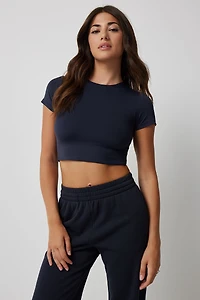 Ardene Contour Crop Crew Neck Short Sleeve T-Shirt in Dark Blue | Size Large | Elastane/Polyamide