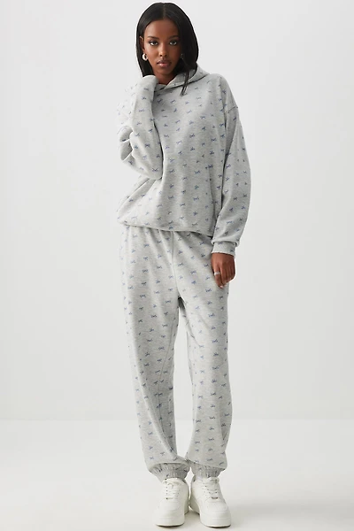 Ardene Bow Print Sweatpants in Grey | Size | Polyester/Cotton | Fleece-Lined