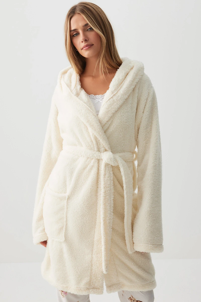 Ardene DREAMPLUSH Robe in Off-White | Size Small | Polyester | Eco-Conscious