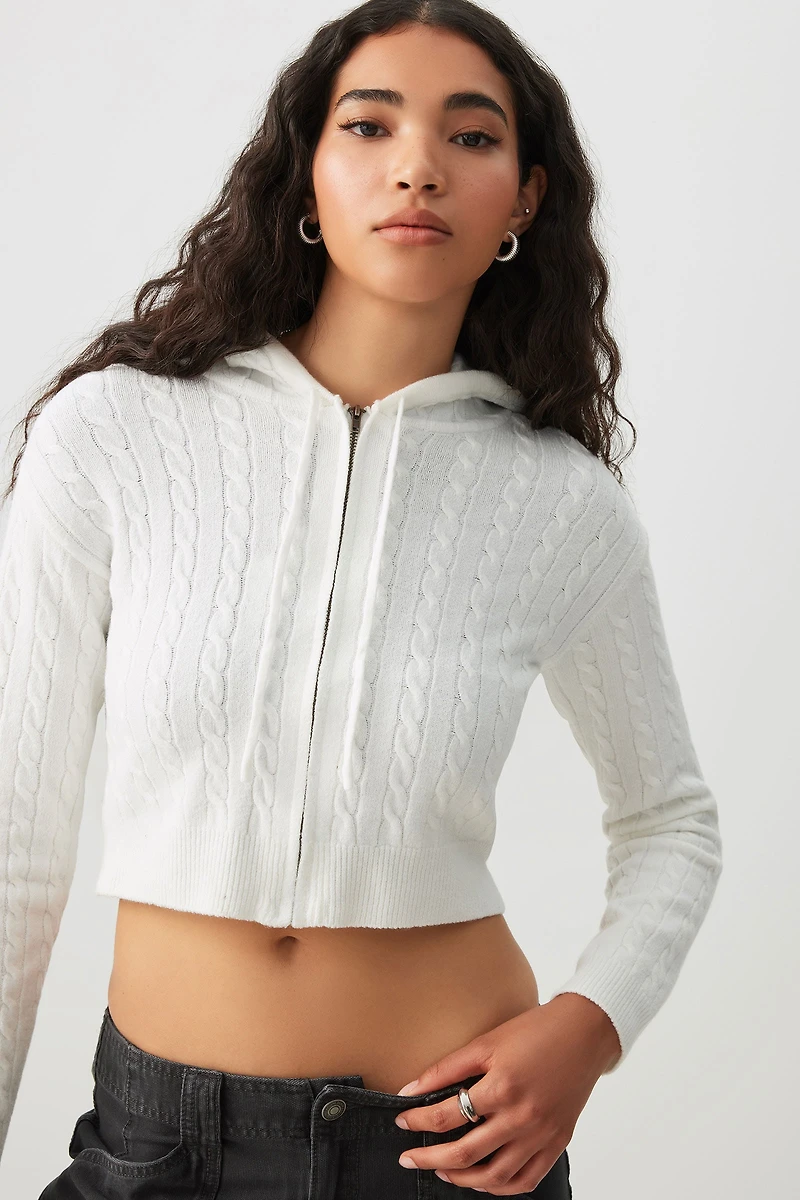 Ardene Cable Knit Zip Up Hooded Sweater in White | Size | Polyester/Nylon