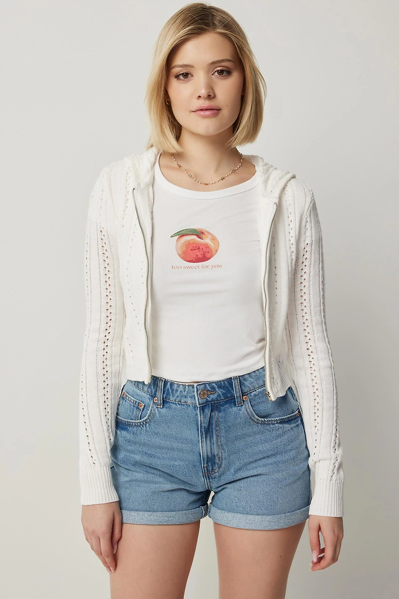 Ardene Crochet Zip-Up Hoodie in White | Size Medium | Cotton