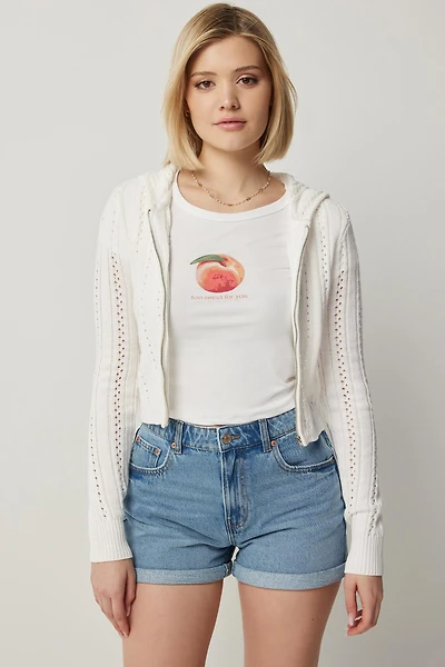 Ardene Crochet Zip-Up Hoodie in White | Size Medium | Cotton