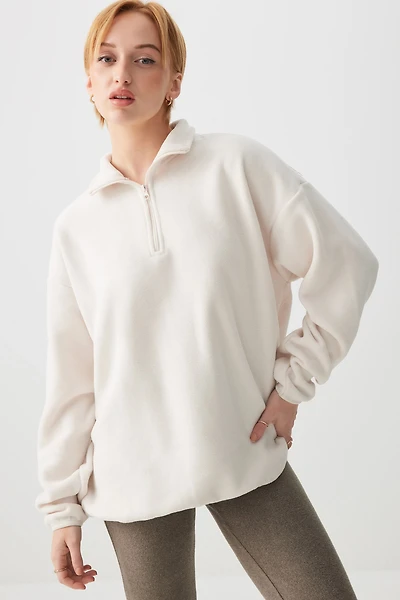 Ardene Oversized Polar Fleece 1/4 Zip Sweatshirt in Off-White | Size | Polyester | Eco-Conscious