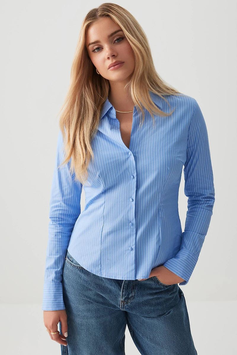 Ardene Fitted Shirt in Light Blue | Size | Cotton/Elastane/Polyamide