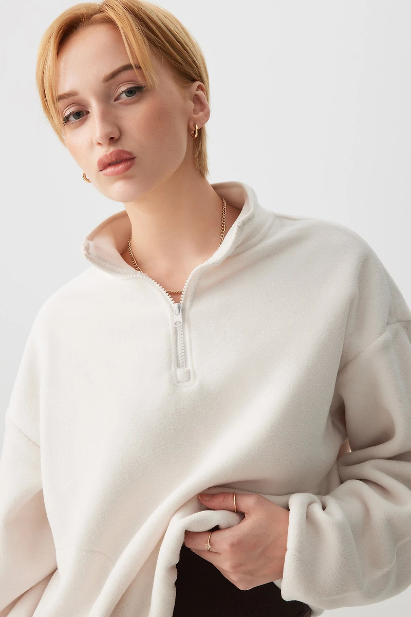 Ardene Polar Fleece 1/4 Zip Sweatshirt in Off-White | Size | Polyester | Eco-Conscious
