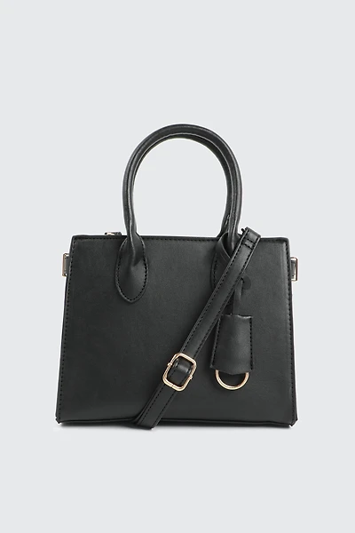 Ardene Small Tote Bag with Keychain in Black | 100% Recycled Polyester/Faux Leather
