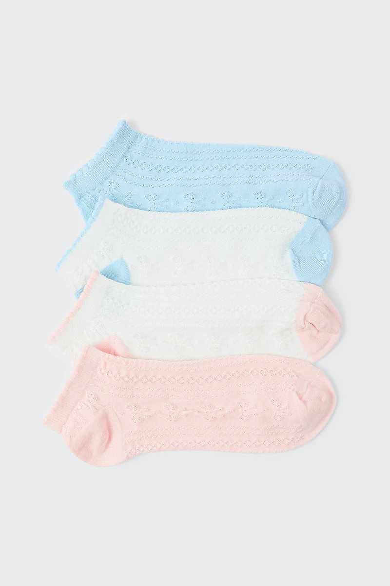 Ardene 4-Pack Embossed Heart Ankle Socks in Light Blue | Polyester/Spandex