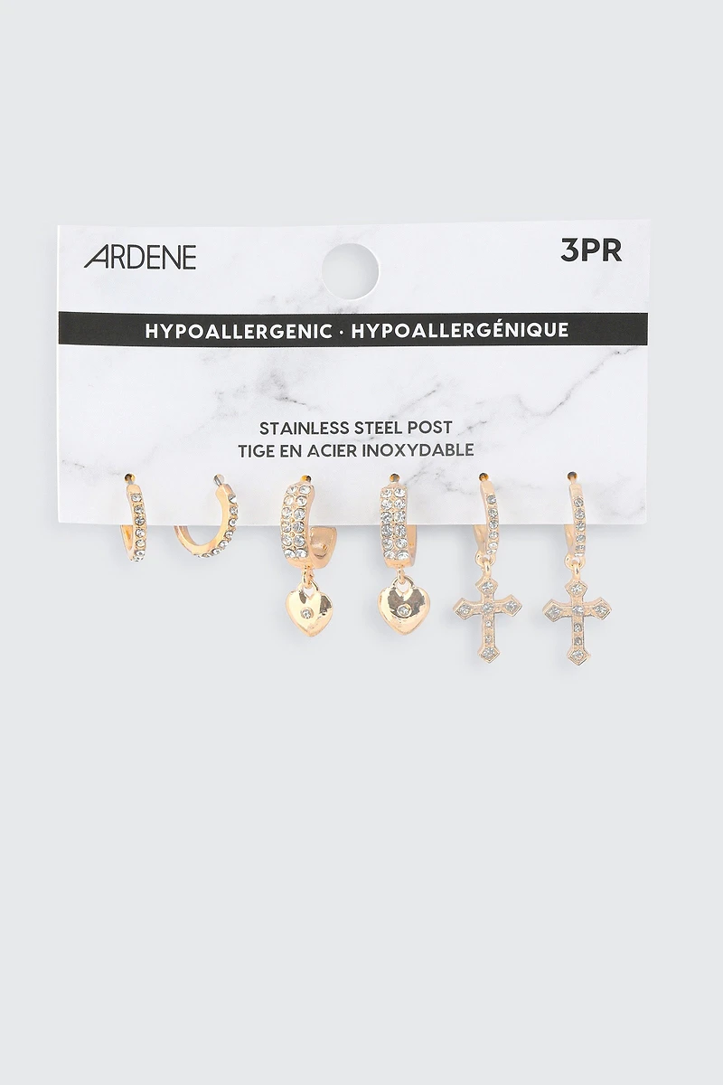 3 paires d'anneaux à cœur et croix