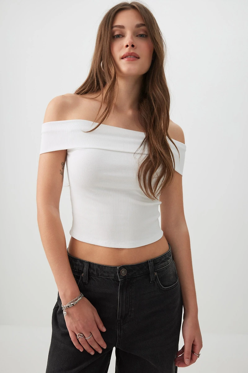 Ardene Rib Off Shoulder Crop Top in White | Size | Cotton/Elastane/Viscose
