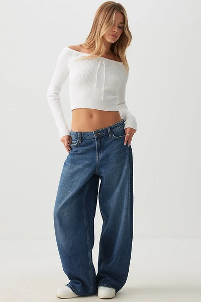 Ardene The Sunday Low Rise Wide Leg Slouchy Jean in Dark Blue | Size | 100% Cotton