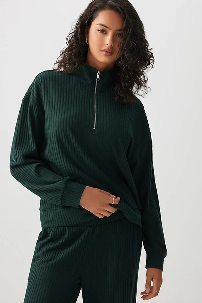 Ardene Brushed Knit 1/4 Zip Sweater in Dark Green | Size | Polyester/Rayon/Elastane