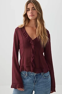 Ardene Chiffon Long Sleeve Ruffle Blouse in Burgundy | Size | Polyester