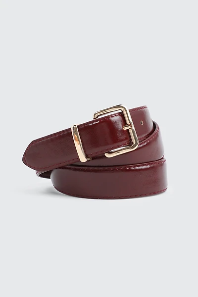 Ardene Square Buckle Belt in Burgundy | Size Small | Faux Leather