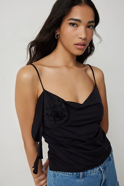 Ardene Cowl Neck Ruffle Tank with Rosette in Black | Size | Nylon/Spandex