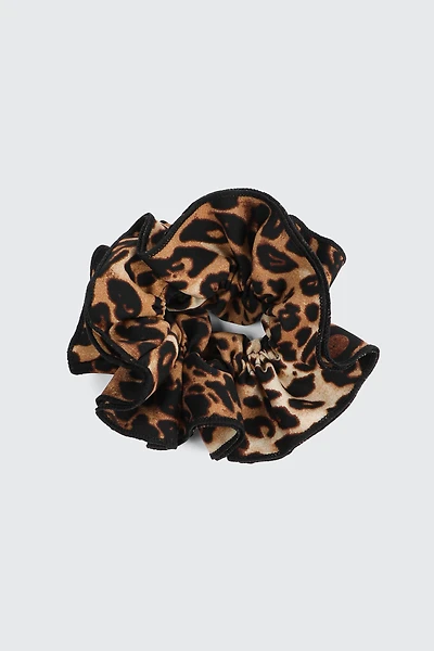 Ardene Leopard Ruffle Scrunchie in Brown | Polyester/Rubber