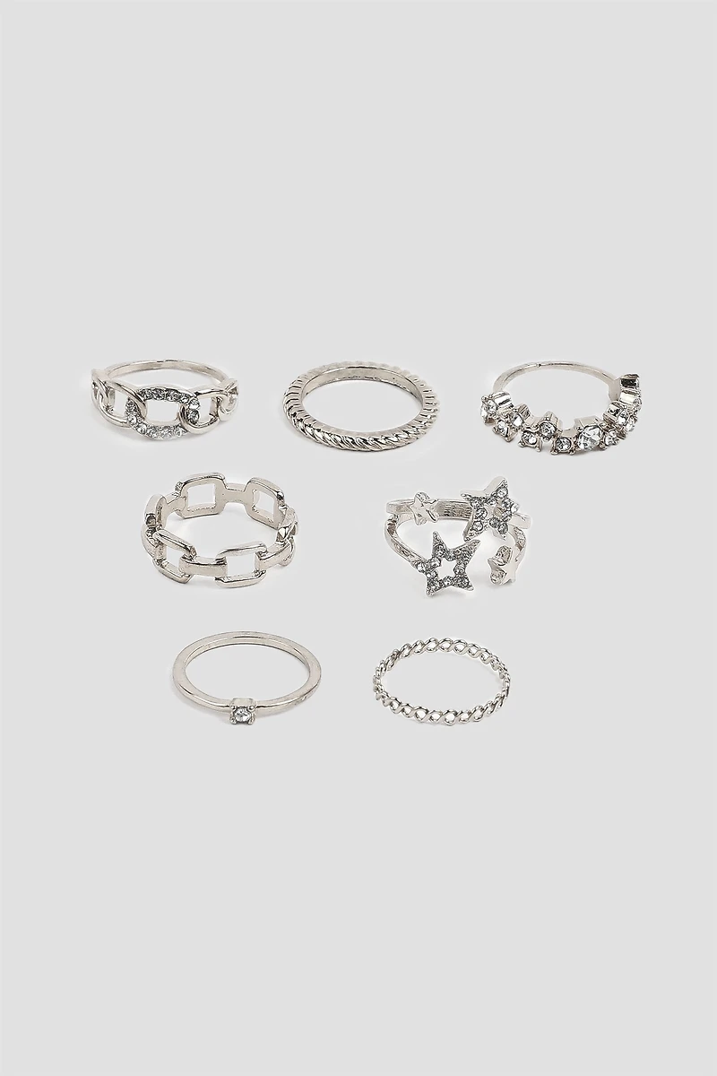 Ardene 7-Pack Celestial Rings in Silver | Size Small