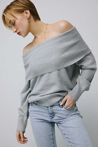 Ardene Fold Over Off Shoulder Sweater in Grey | Size | Polyester/Spandex