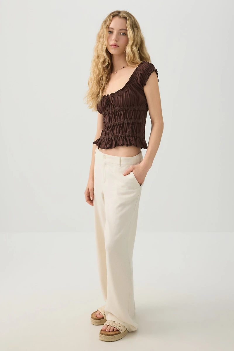 Pantalon tailleur jambe large en mélange de lin