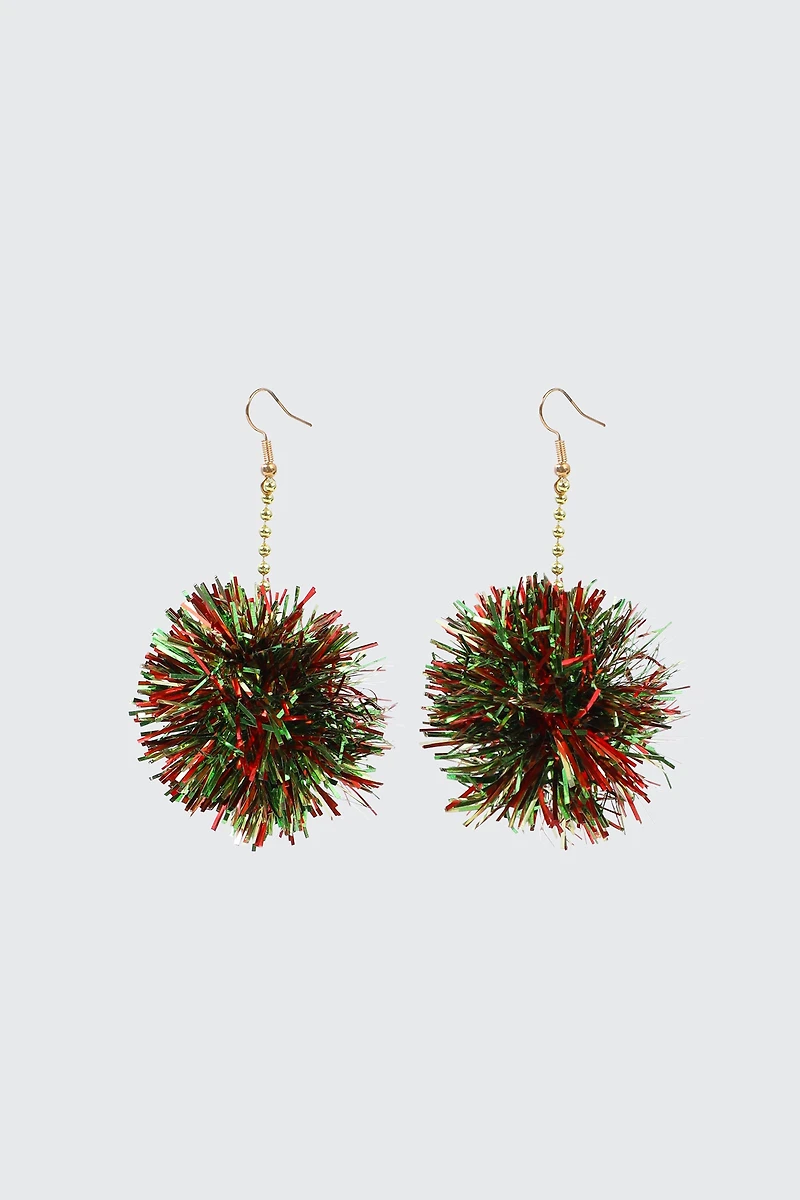 Ardene Tinsel Pompom Earrings in Red | Stainless Steel