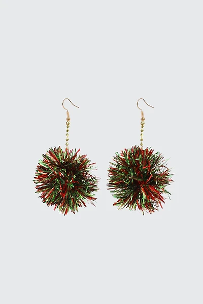 Ardene Tinsel Pompom Earrings in Red | Stainless Steel