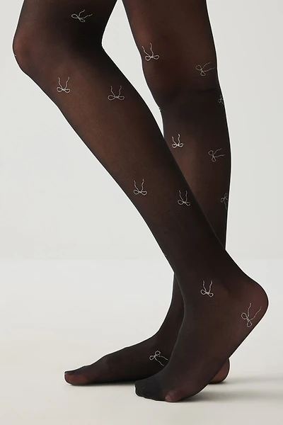 Ardene Shiny Bow Tights in Black | Size Small | Spandex/Polyamide