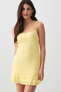 Ardene Pointelle Mini dress in Light Yellow | Size Large | Polyester/Spandex