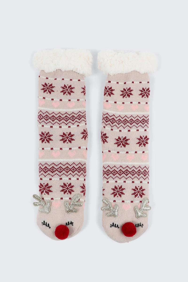 Ardene Reindeer Slipper Socks with Pompoms | Size | Polyester/Spandex
