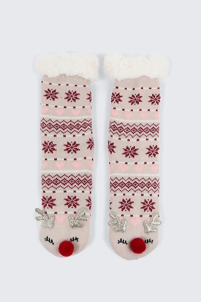 Ardene Reindeer Slipper Socks with Pompoms | Size | Polyester/Spandex