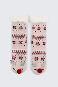 Ardene Reindeer Slipper Socks with Pompoms | Size | Polyester/Spandex