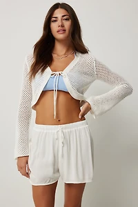Ardene Tie Front Crochet Cardigan in White | Size Medium | 100% Cotton