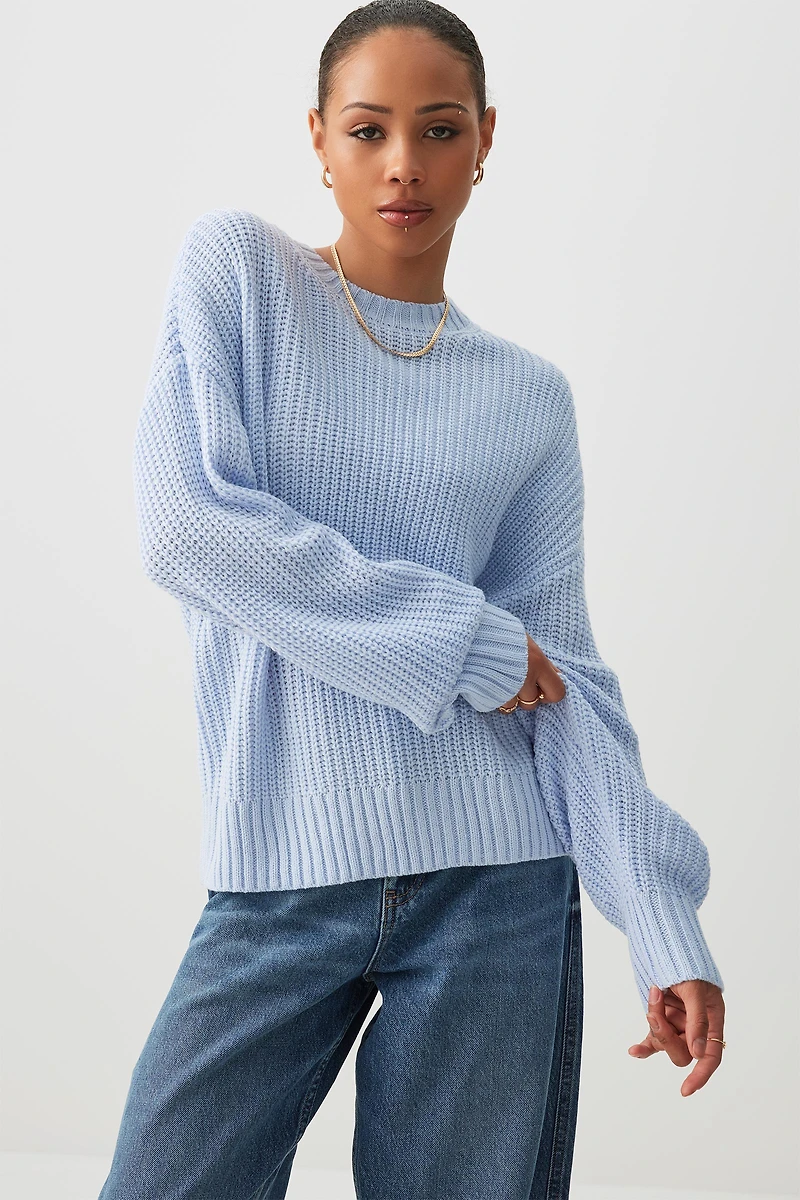 Ardene Rib Crew Neck Sweater in Light Blue | Size | 100% Acrylic