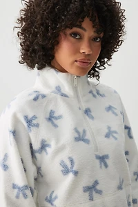 Ardene Bow Print Polar Fleece Half Zip Sweatshirt in White | Size | Polyester
