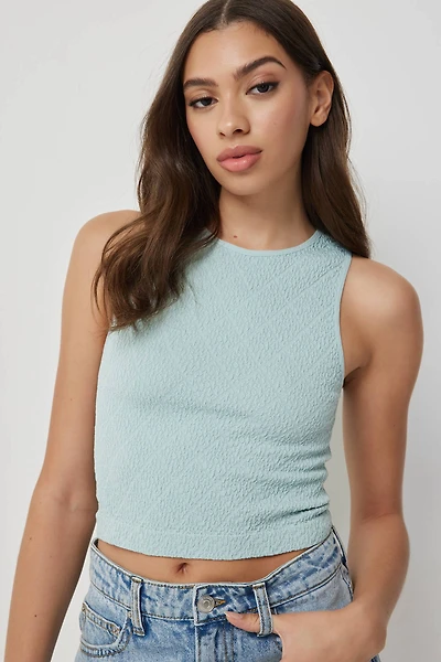 Ardene Diamond Pattern Crew Neck Tank in Light Blue | Size | Nylon/Spandex