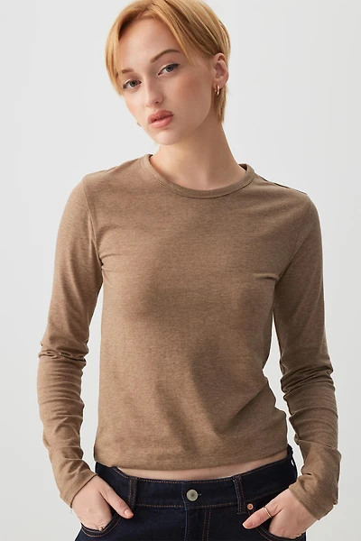 Ardene Basic Short Long Sleeve T-Shirt in Beige | Size | Cotton/Elastane/Viscose | Eco-Conscious