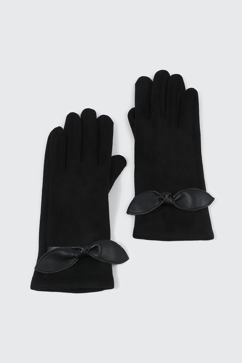 Ardene Faux Suede Gloves with Bow in Black | Faux Leather/Polyester/Faux Suede