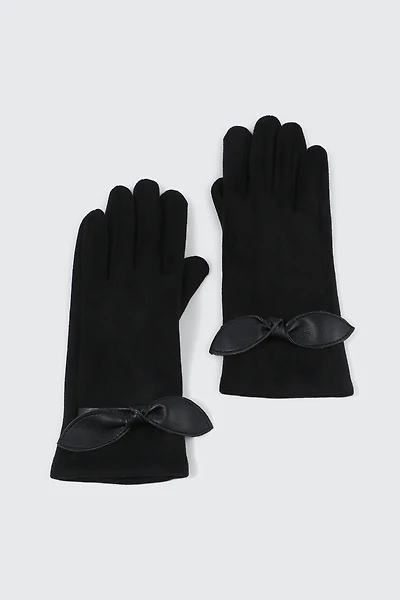 Ardene Faux Suede Gloves with Bow in Black | Faux Leather/Polyester/Faux Suede