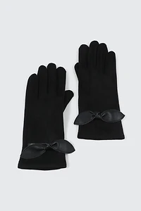Ardene Faux Suede Gloves with Bow in Black | Faux Leather/Polyester/Faux Suede