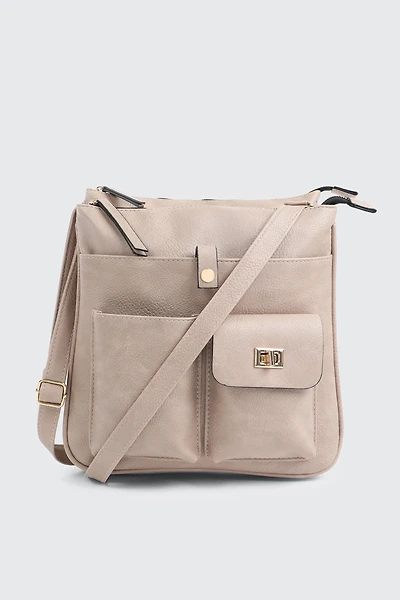 Ardene Multi Pocket Crossbody Bag in Beige | Faux Leather/Polyester