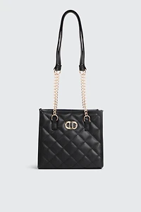 Ardene Topstitched Chevron Tote Bag in Black | Faux Leather/Polyester