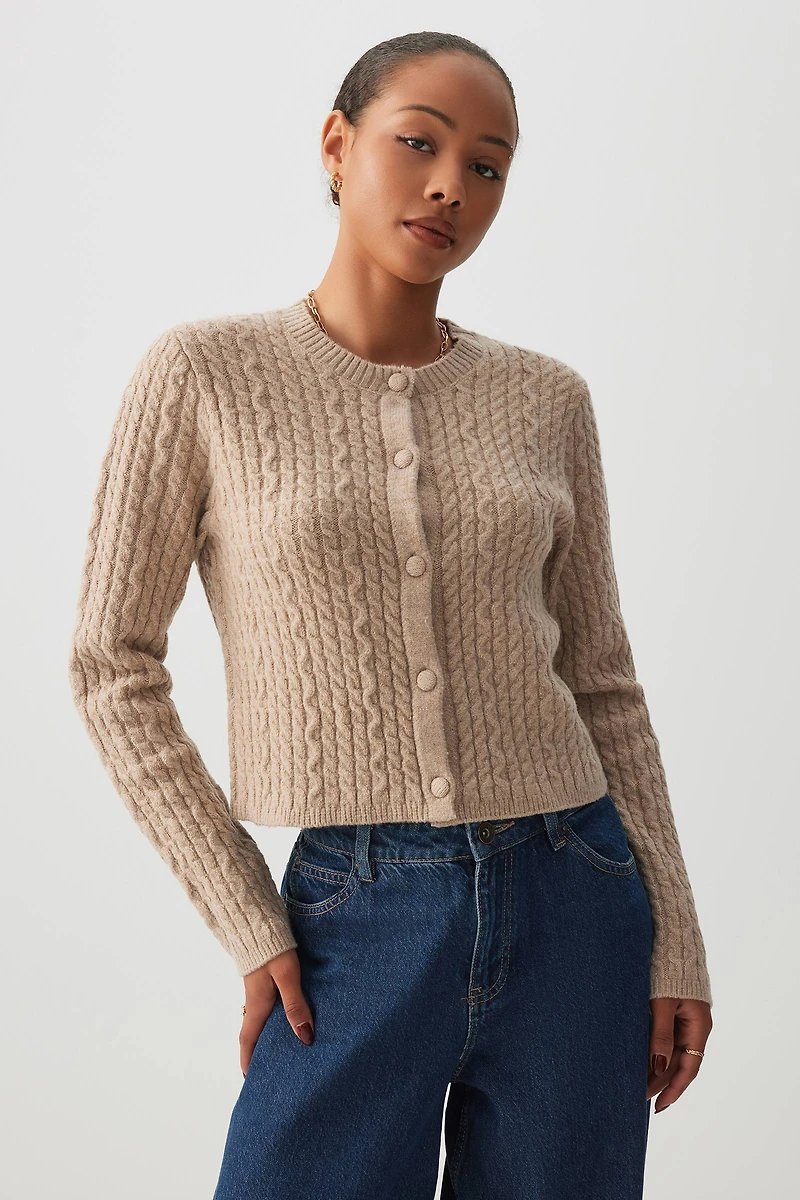 Ardene Cable Knit Crop Cardigan in Beige | Size | Polyester/Spandex