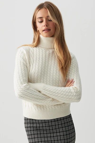 Ardene Cable Knit Crop Turtleneck Sweater in Off-White | Size | Polyester/Spandex